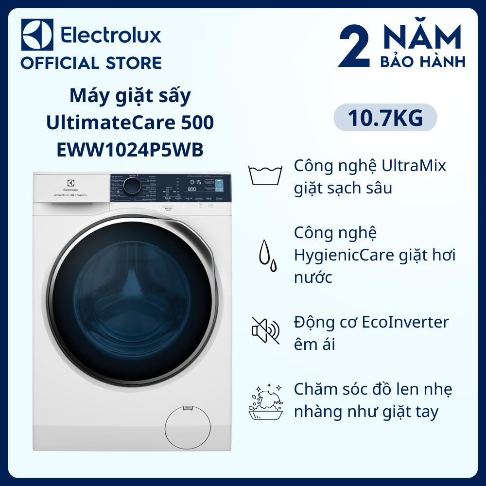 [Free Giao lắp] Máy giặt sấy Electrolux 10/7kg EWW1024P5WB - Giặt sạch sâu, không cặn giặt tẩy, giặt hơi nước êm dịu như giặt tay, tiết kiệm hơn 50% điện năng [Hàng chính hãng]