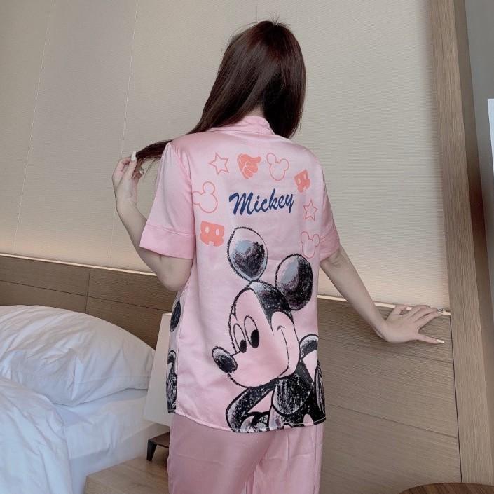 Bộ đồ pijama mặc nhà lụa satin họa tiết chuột mickey ,LATIN cao cấp quần DÀI áo cộc thời trang
