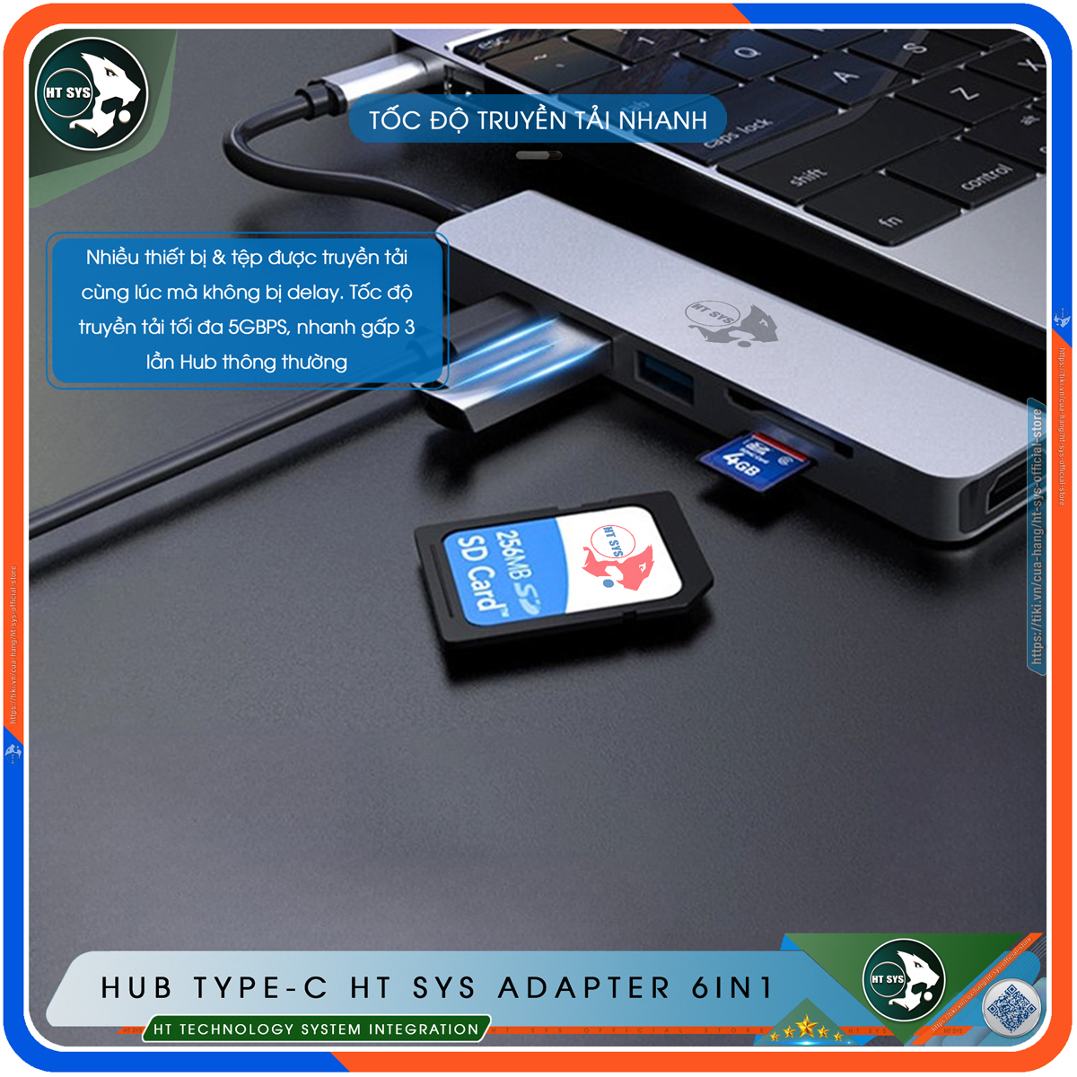 Hub Type C To HDMI HT SYS 6in1 Chuẩn HDTV - Hub Chuyển Đổi USB Type-C 6 Cổng - HDMI 4K, USB 3.0, Sạc Nhanh Type C PD, Khe Đọc Thẻ SD/TF - Kết Nối Tốc Độ Cao - Dành Cho MacBook, Tivi, Laptop, PC, Máy Tính Bảng, Smartphone – Hàng Chính Hãng