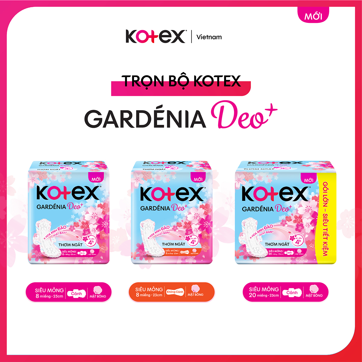 [Mới] Combo 4 Gói BVS Kotex Gardenia Deo+ Hương Hoa Anh Đào, Mặt Bông, Siêu Mỏng Cánh, Gói (20+4) Miếng