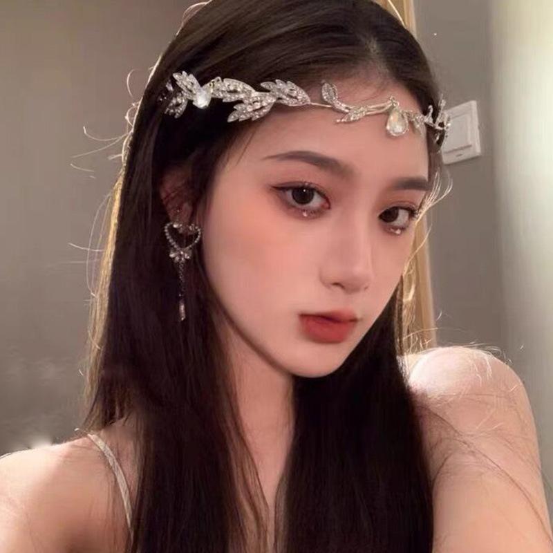 Vương miện đính đá giọt nước, cài trán họa tiết chiếc lá đính đá màu bạc, phụ kiện tóc cosplay