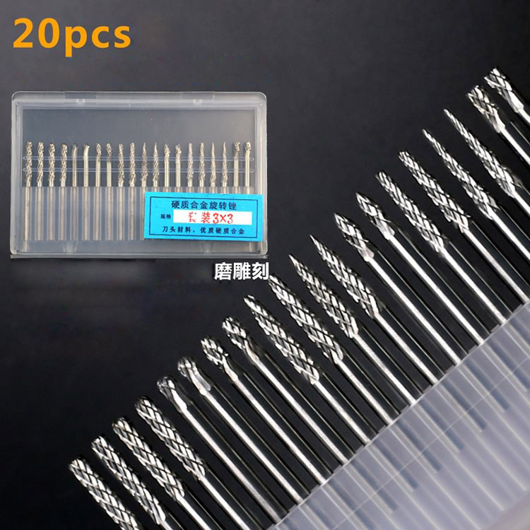 Bộ 20 mũi mài khắc vonfam chân trụ 3ly dùng cho máy khoan mài khắc mini đa năng