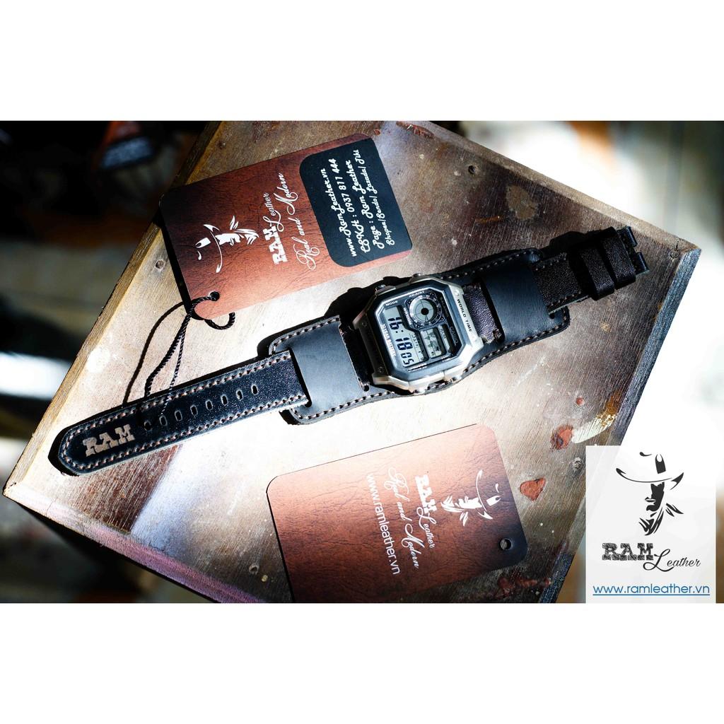 TẤM LÓT DÂY ĐỒNG HỒ BUNDSTRAP DA BÒ THẬT RAM B2 ĐEN TUYỀN-CHÍNH HÃNG RAM LEATHER-ĐỦ SIZE 18,20,22,CASIO,APPLE WATCH