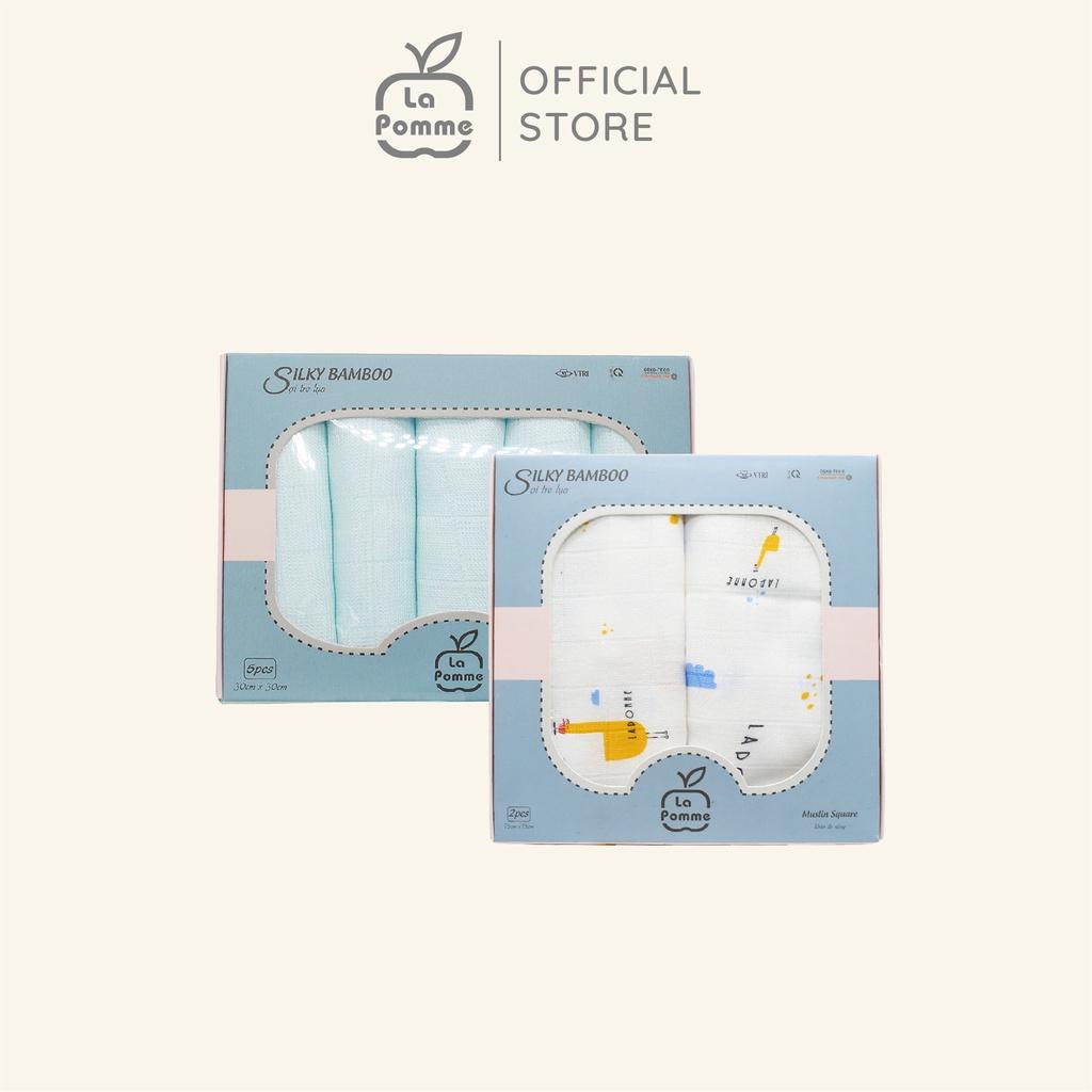 Combo 2 K001 Set 5 Khăn sữa (30x30cm) màu Xanh+K002 Set 2 Khăn đa năng sợi tre lụa La Pomme (75x75cm) - Funny goose