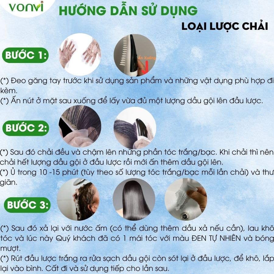 Thuốc nhuộm tóc làm đen tóc VONVI tự nhiên sau 10 phút với thiết kế dạng lược dễ chải chai 200 ml