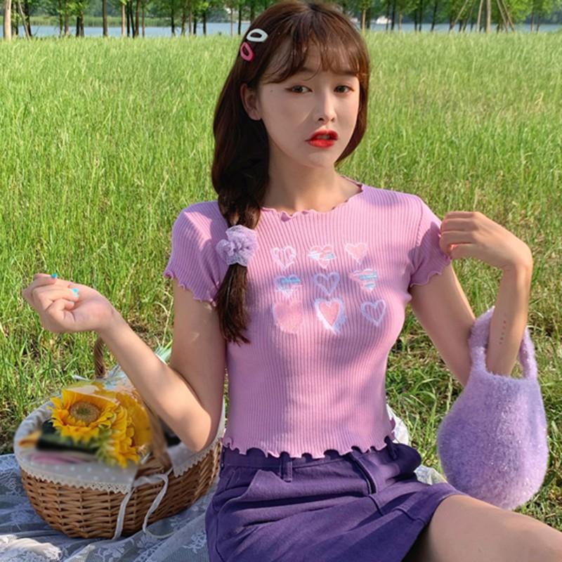 Áo Thun Dệt Kim Tay Ngắn Cổ Tròn Kiểu Dáng Ngọt Ngào Cho Nữ