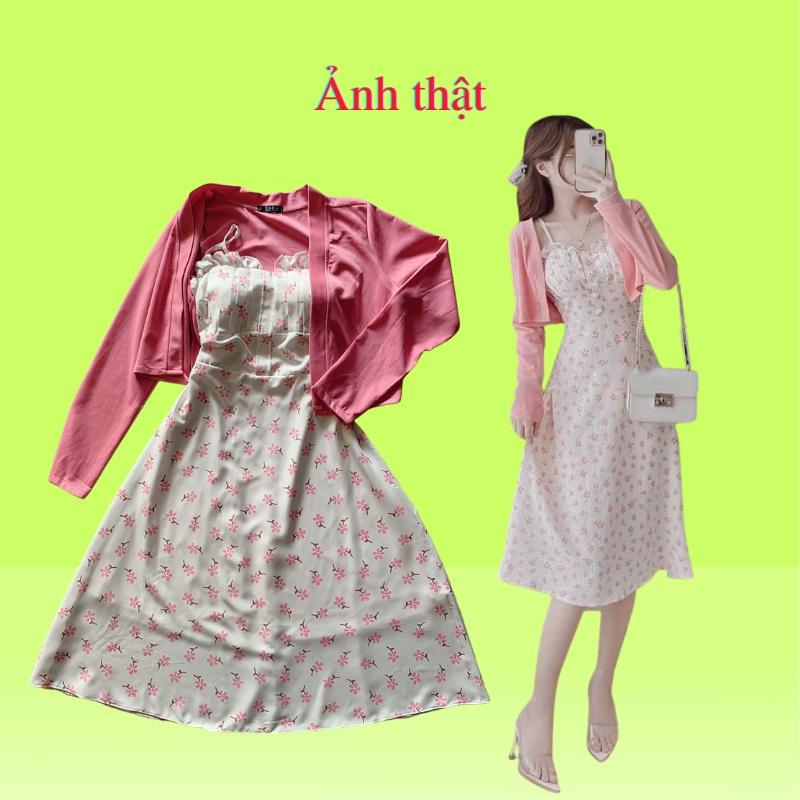Sét đầm 2 dây hoa nhí kèm áo khoác KimHoa77 chất lụa có lót trong phối umi vừa xinh lại hot mặc được quanh năm freesize