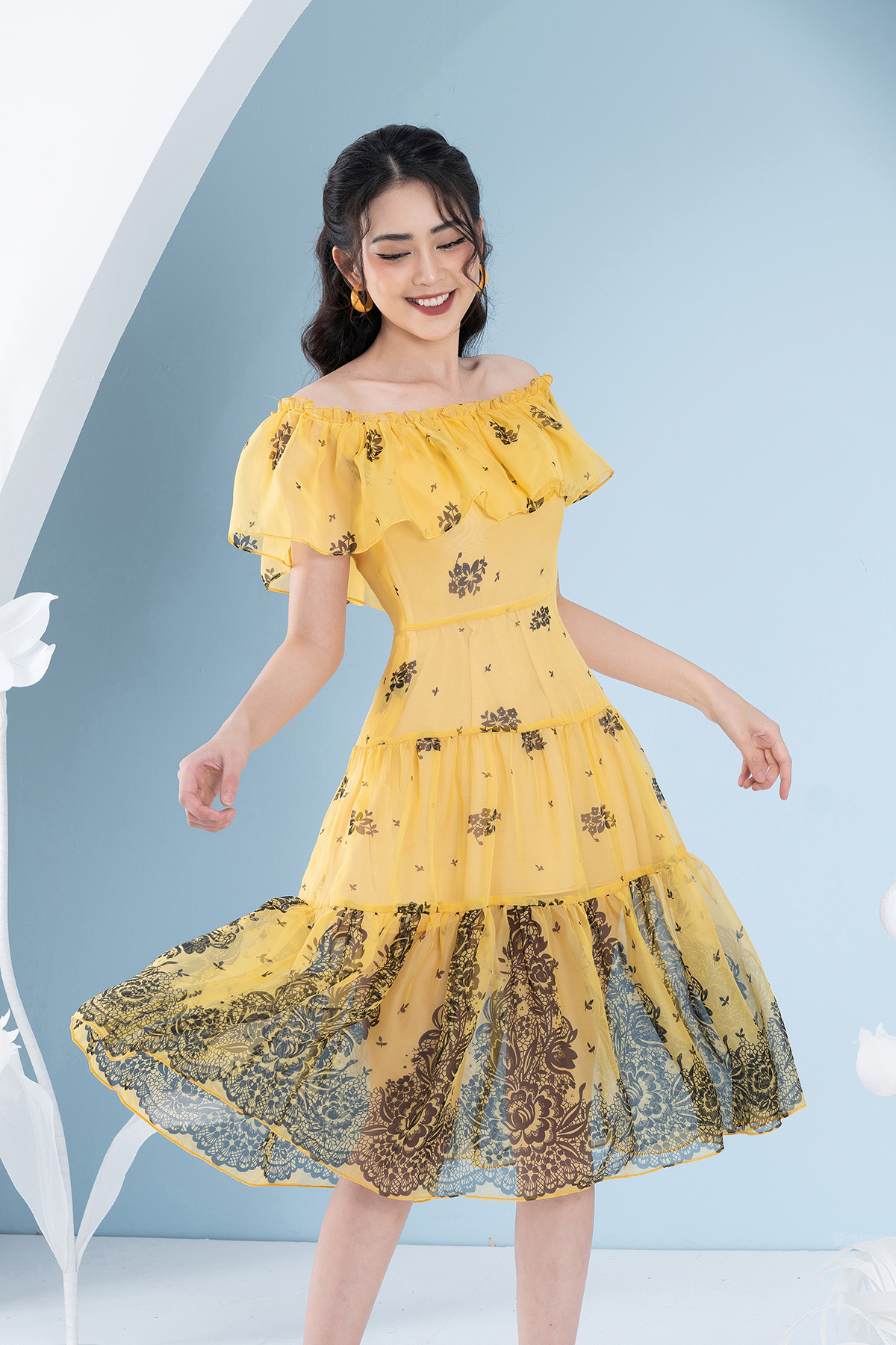 Đầm Maxi Tơ Xếp Tầng Dài Tới Bắp Chân Luperi LFV3290 cổ chun