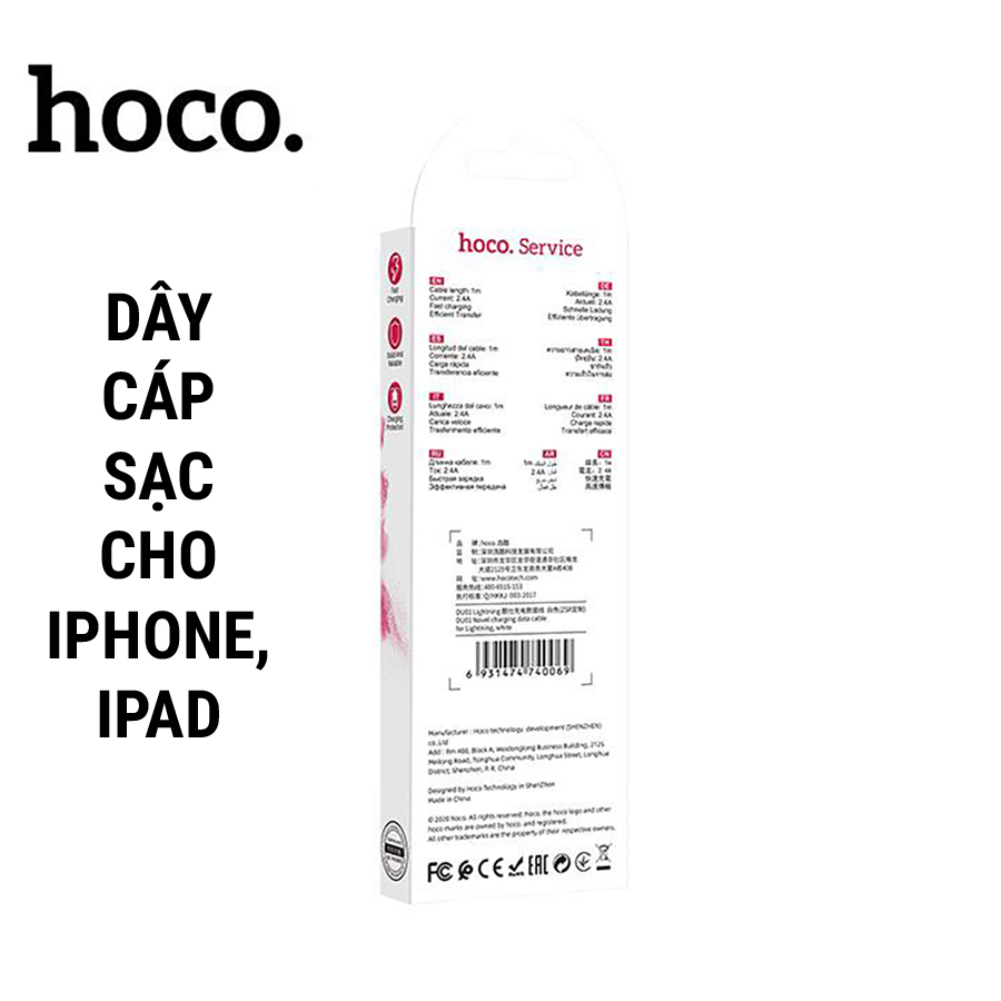 Dây Sạc Cho iPhone, iPad Hoco DU01, Cáp Sạc Nhanh MAX 2.4A Bền, Siêu Rẻ - Hàng Chính Hãng