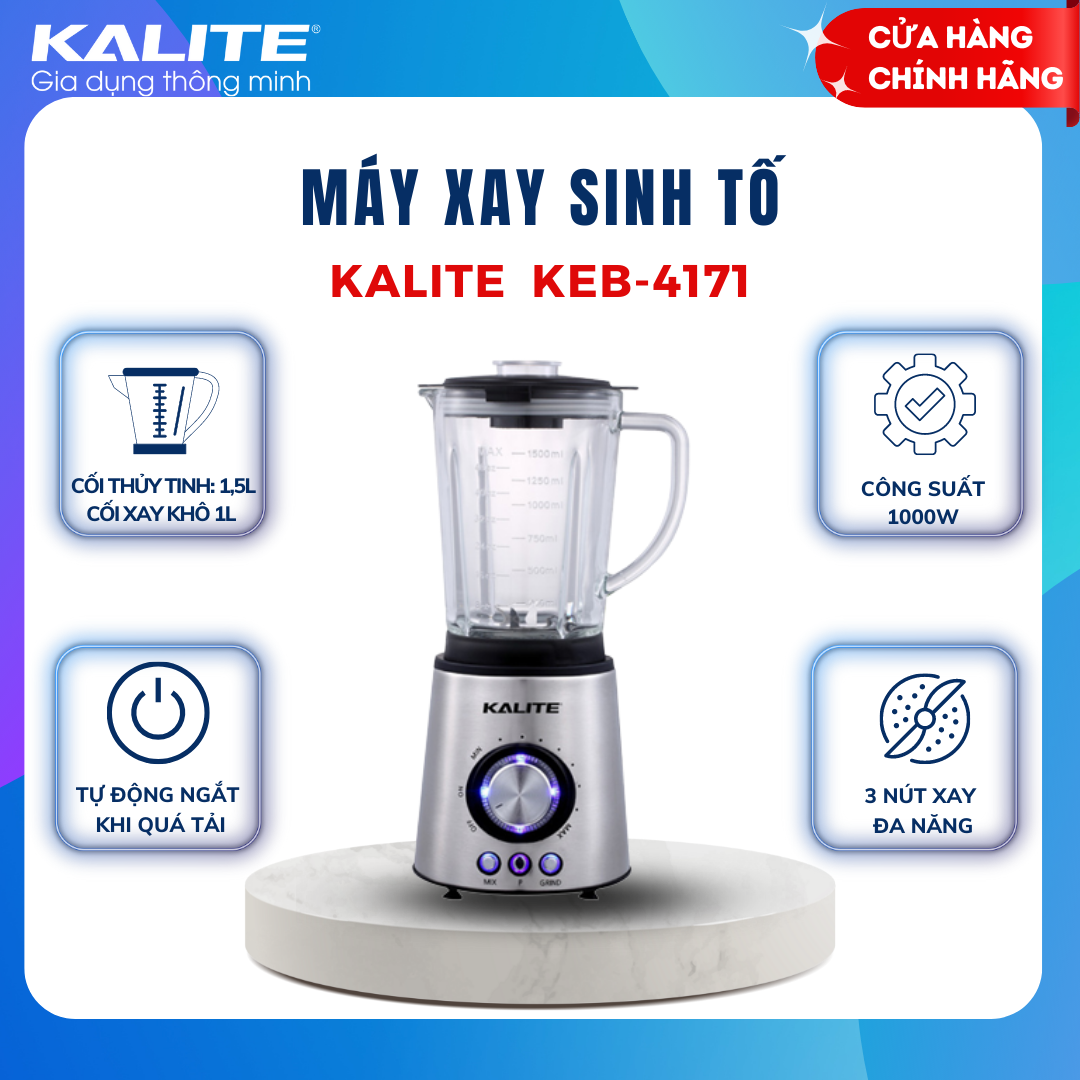 Máy xay sinh tố Kalite KEB 4171 công suất xay 1000W lưỡi dao thép không gỉ, 2 cối xay tiện dụng được làm bằng thủy tinh và inox 304, hàng chính hãng