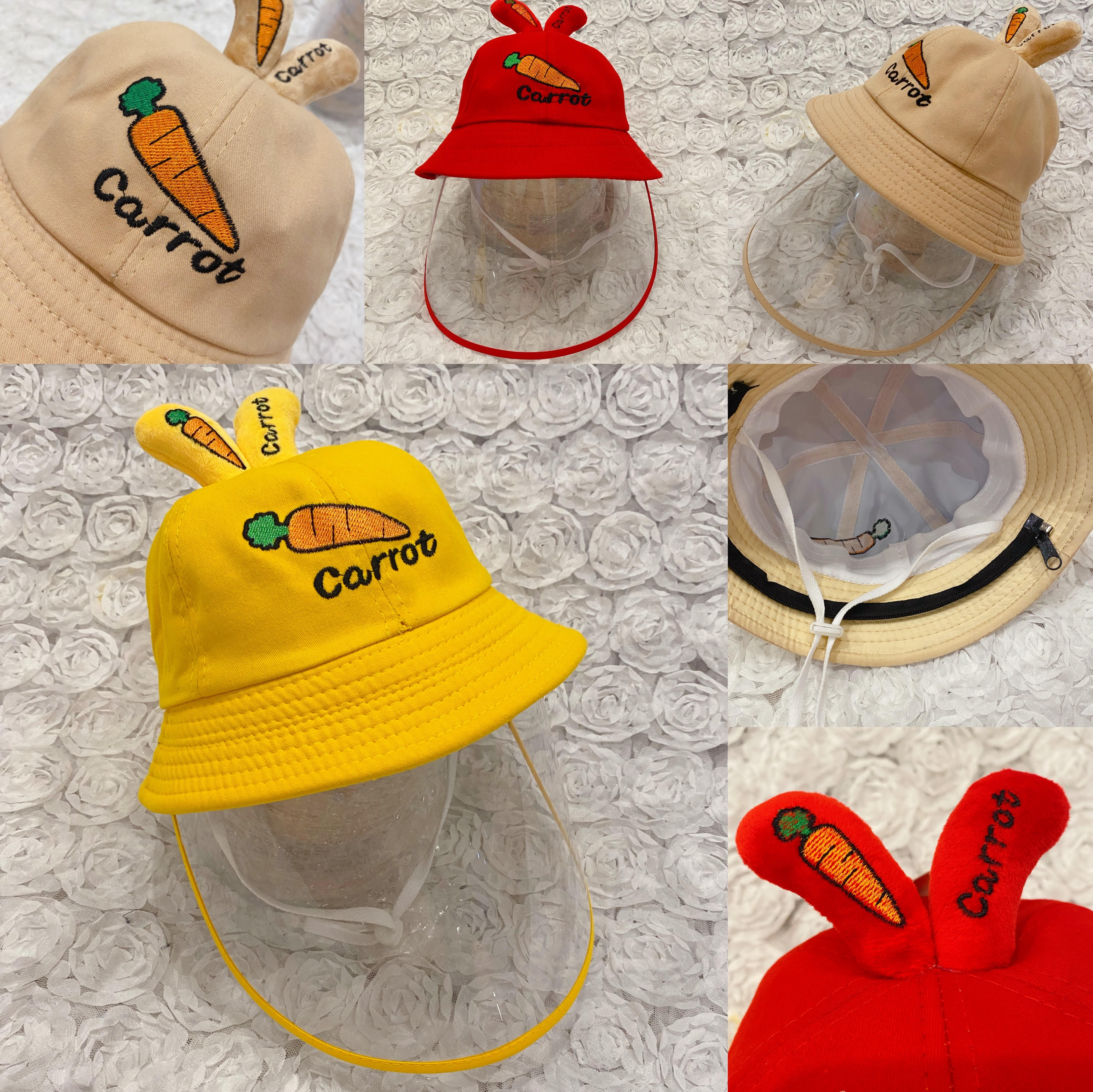 Mũ vành bucket Cà rốt chống giọt bắn trẻ em, vòng đầu 52cm, có dây quai nón, tấm chắn có thể tháo rời làm nón thời trang cho bé