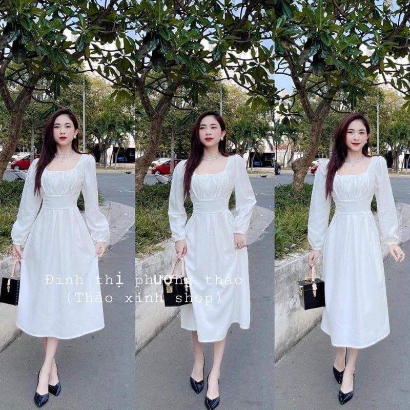 Đầm Nữ Cổ Vuông Nơ Lưng Váy Trắng Dài Tay Q057