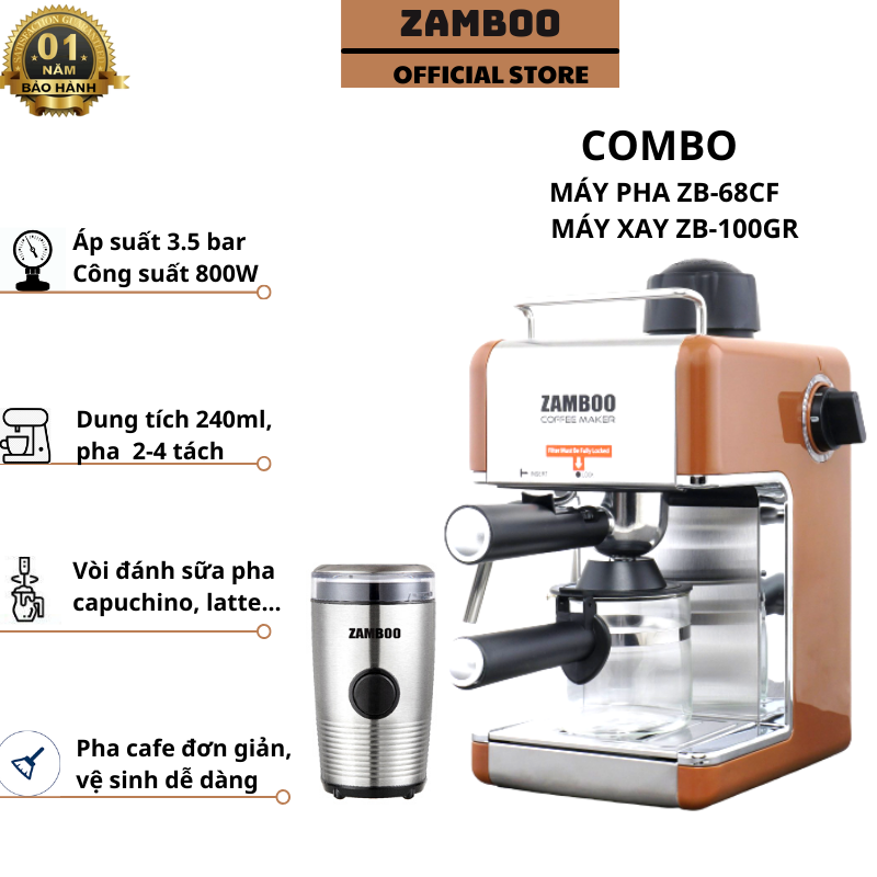 Combo máy pha cà phê Espresso Zamboo ZB-68CF + máy xay ZB100g - hàng chính hãng