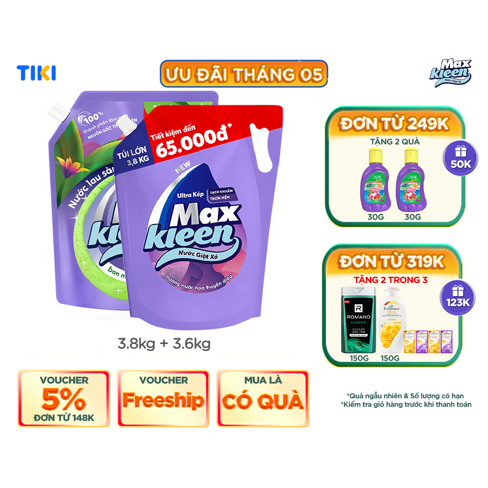 Combo Túi Nước Lau Sàn 3.6kg Ban Mai Thanh Mát + Túi Nước Giặt Xả MaxKleen 3.8kg Huyền Diệu