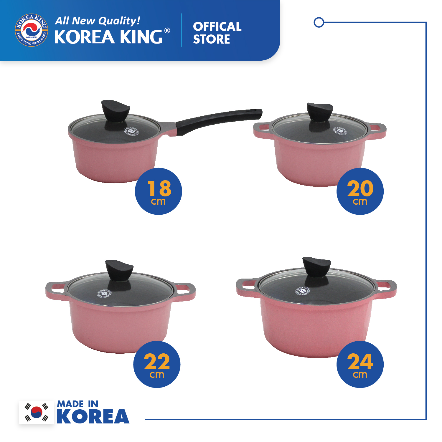 KS-GL4TCI Bộ nồi Korea King ( màu hồng, bộ gồm 3 nồi đường kính 20, 22, 24cm + 1 quánh 18cm, nắp kính) Hàng chính hãng