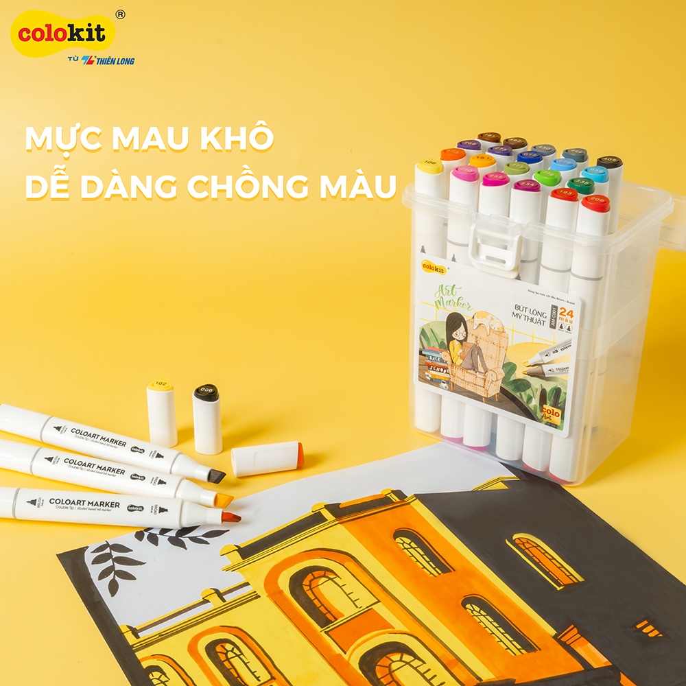 Bút dạ màu 2 đầu Art Marker Thiên Long Colokit - Bút dạ 12/24 màu, mực bền màu, mau khô dùng vẽ tranh, calligraphy