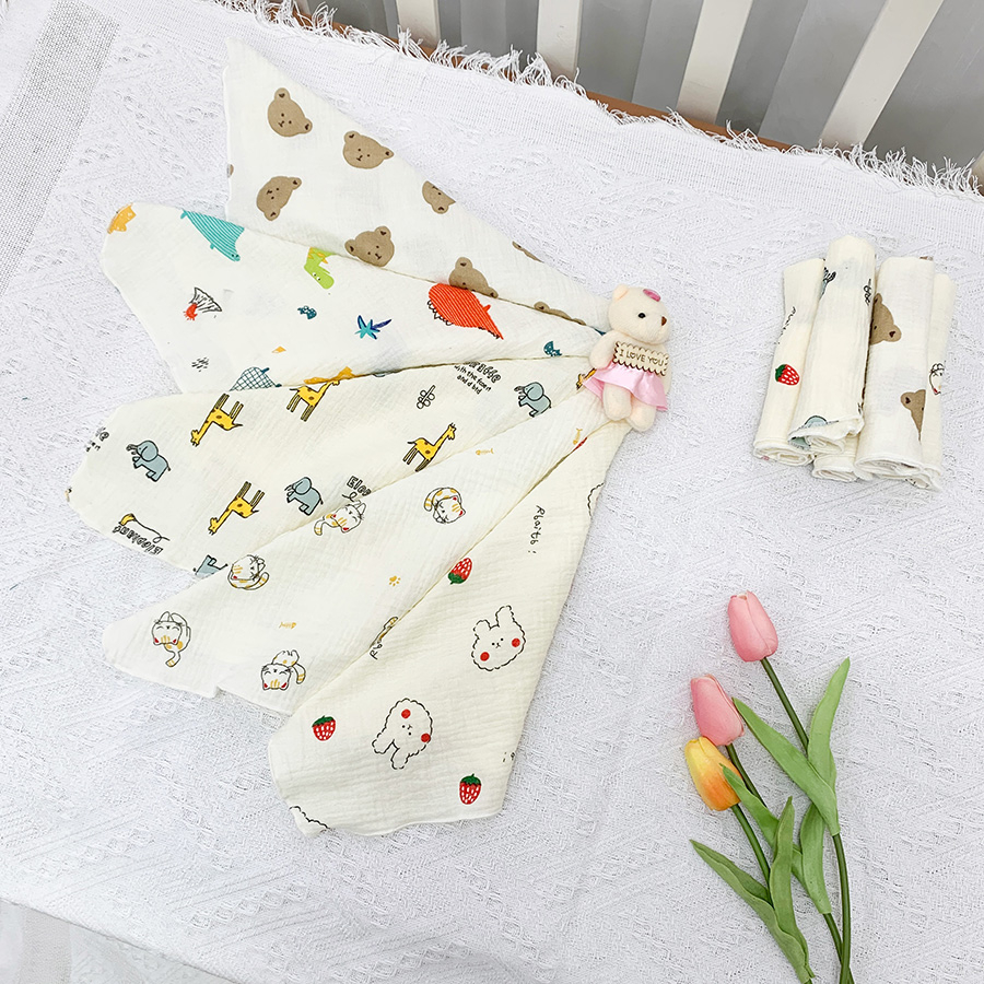 Combo Khăn Sữa Cho Bé Khăn Xô Muslin 2 4 Lớp Siêu Thấm Hút Họa Tiết Cute An Toàn Da Bé - 330C