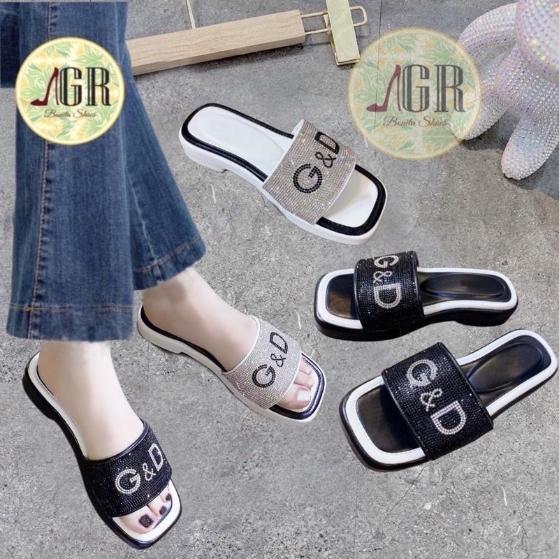 Dép xuồng ngang đính đá GD da mềm cao 3 cm