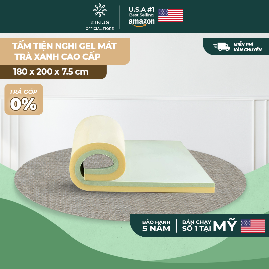 Topper Tấm Tiện Nghi Trà Xanh Gel Mát Làm Mềm Nệm Cao Cấp Zinus - Green Tea Memory Foam 180*200*7.5cm