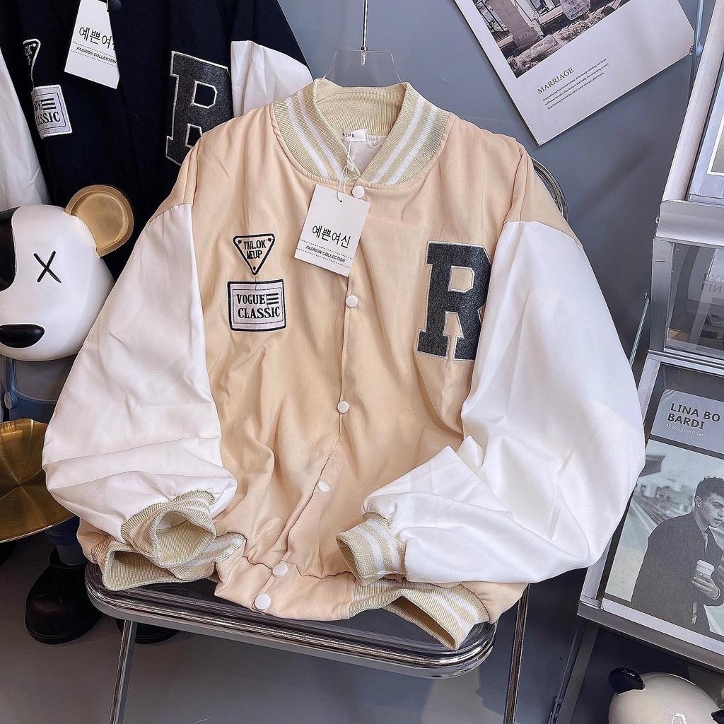 Áo Khoác Bomber Da Lộn 2 Lớp Thêu Logo R Chất Vải Mịn Đẹp Form Unisex Rộng Thoải Mái