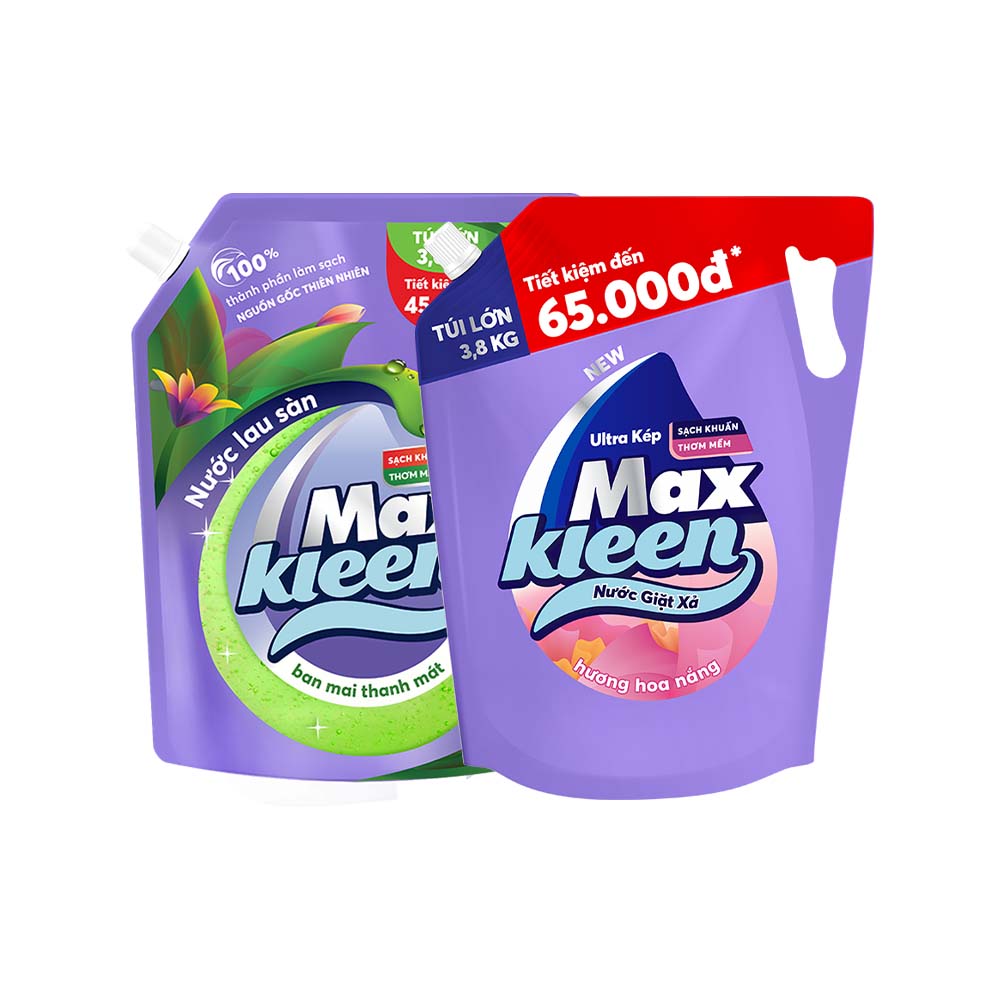 Combo Túi Nước Lau Sàn 3.6kg Ban Mai Thanh Mát + Túi Nước Giặt Xả MaxKleen 3.8kg Hoa Nắng