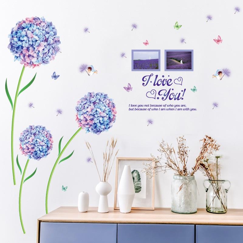 Decal Dán Tường chi tiết hoa Cẩm Tú Cầu xanh tím