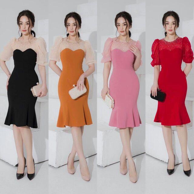 Đầm ôm tay phồng đính cườm cao cấp