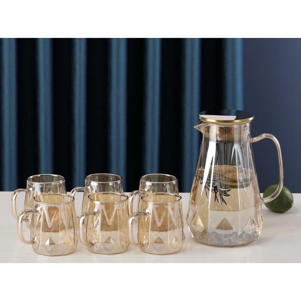 Bộ bình đựng nước uống kèm 6 cốc thủy tinh chịu nhiệt cao cấp lên tới 400 độ c vân kim cương chéo