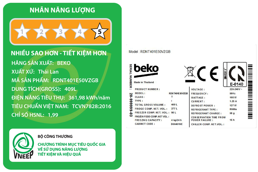 Tủ lạnh Beko Inverter 375 lít RDNT401E50VZGB- Hàng chính hãng- Chỉ giao tại HN