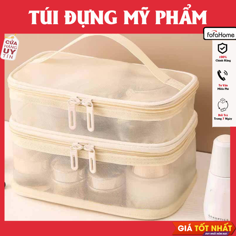 Túi Đựng Mỹ Phẩm, Đồ Trang Điểm 2 Tầng Bằng Vải Lưới Nhẹ Gọn, Dễ Giặt Vệ Sinh Tiện Dụng