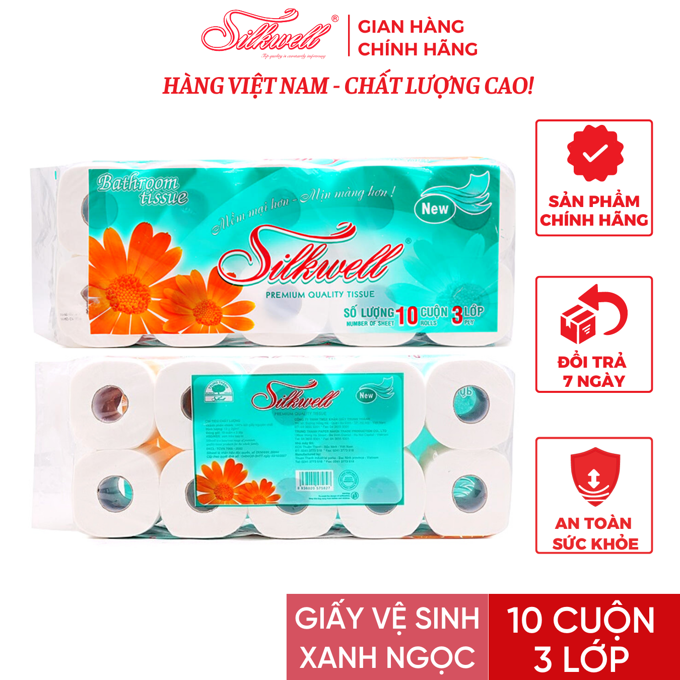 Giấy vệ sinh Silkwell Xanh ngọc 10 cuộn 3 lớp có lõi