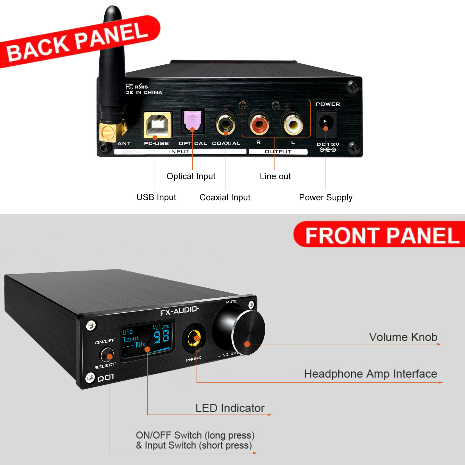 Bộ Giải Mã FX-Audio DAC D01 32 Bit/768Khz/ DSD512 Bluetooth 5.0 USB  and Headphone Amplifier HiFi Stereo Digital to Analogue ES9038Q2M/XMOS XU208 Support APTX/HD/LDAC/DSD.512 with 6.35mm to 3.5mm Headphone Converter - Hàng Chính Hãng