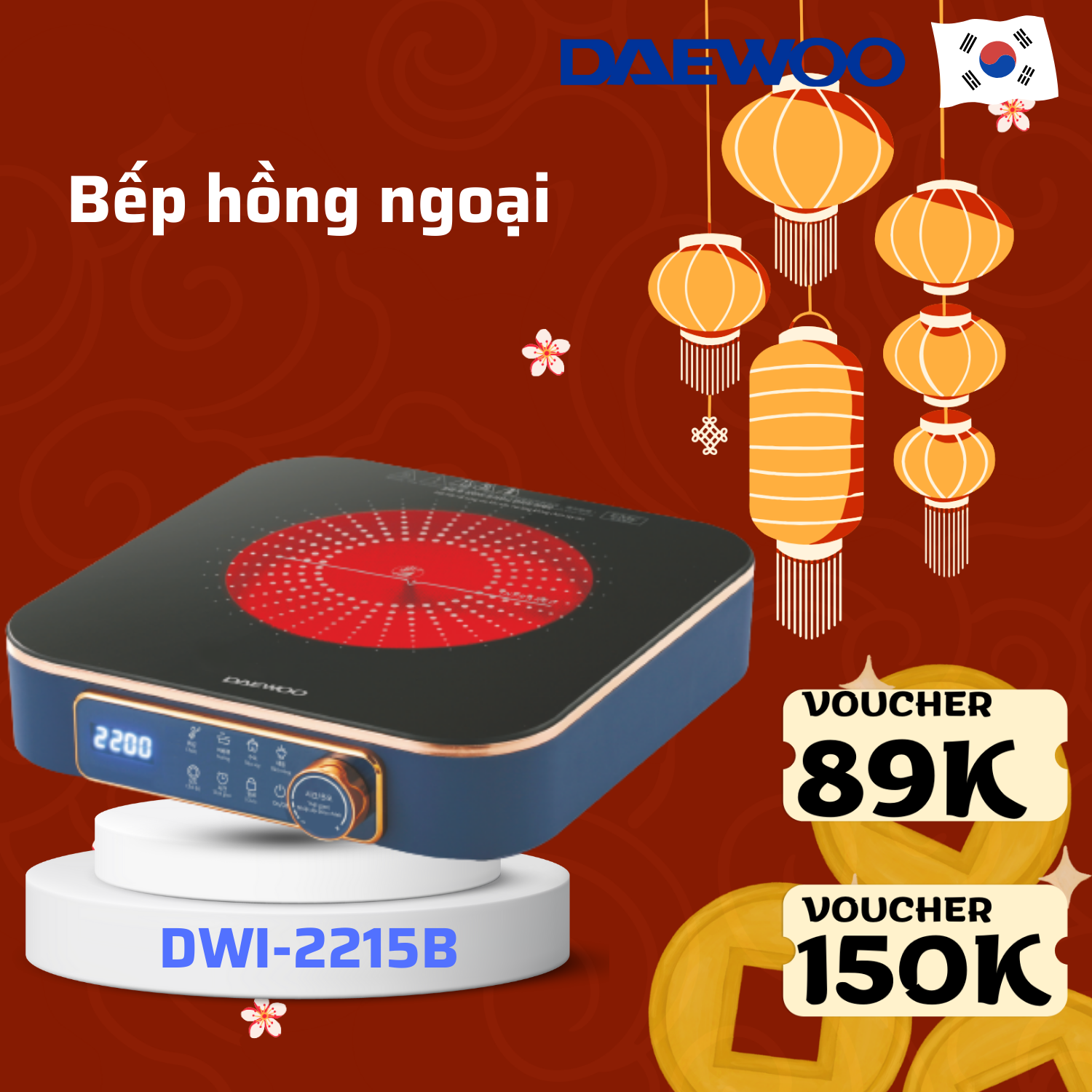 Bếp hồng ngoại Daewoo 2200w mặt ceramic chịu nhiệt, chịu lực bền bỉ, hàng chính hãng DWI-2238MW DWI-2215B