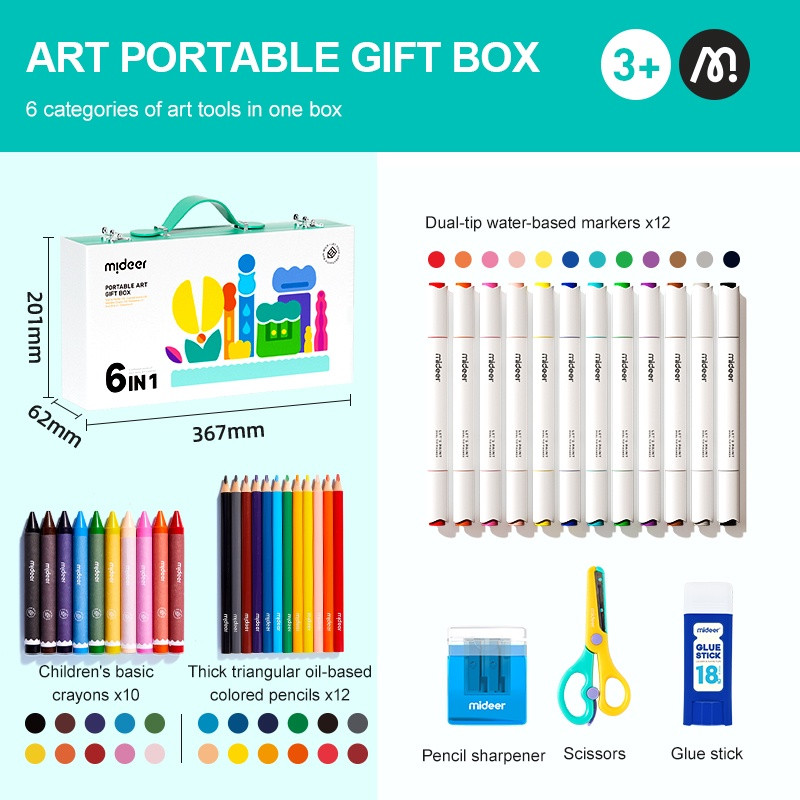 Bộ bút màu cho bé Mideer Portable Art Gift Box 6 in 1, hộp bút nghệ sĩ 37 chi tiết kèm kéo gọt bút keo dán