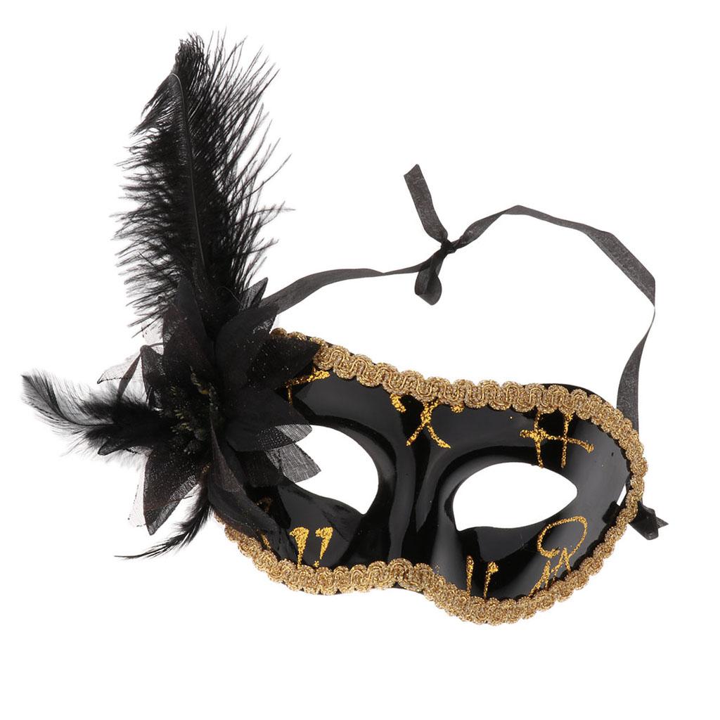7xFeather Flower Mask Masquerade Ball Party Eye Mask Venetian Eye Mask Black