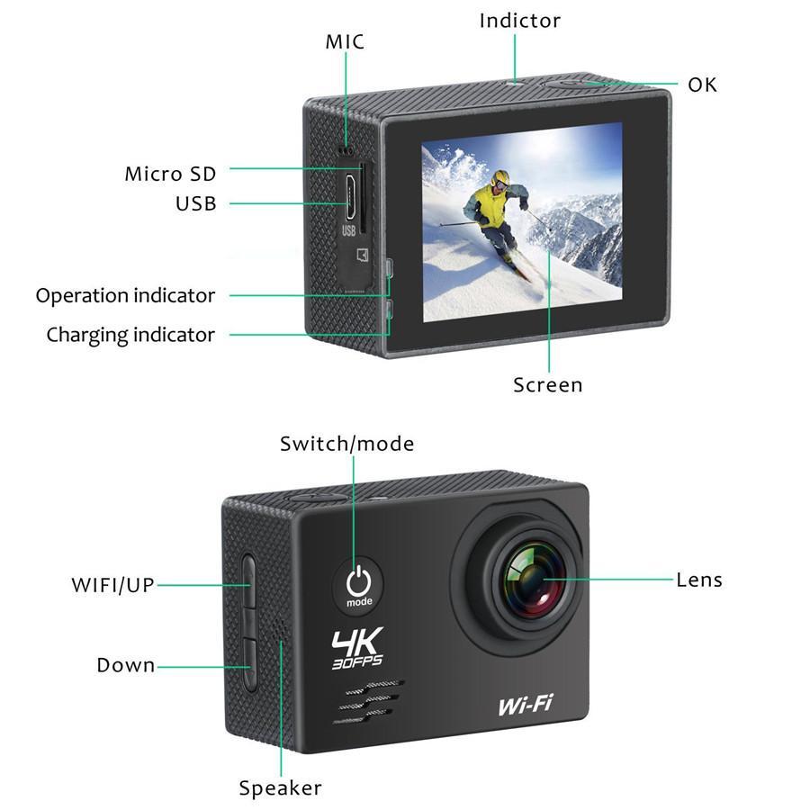 WiFi 4K/30fps Máy ảnh thể thao 30m chuyển động không thấm máy quay máy quay máy quay xe máy góc xe máy rộng 140 °