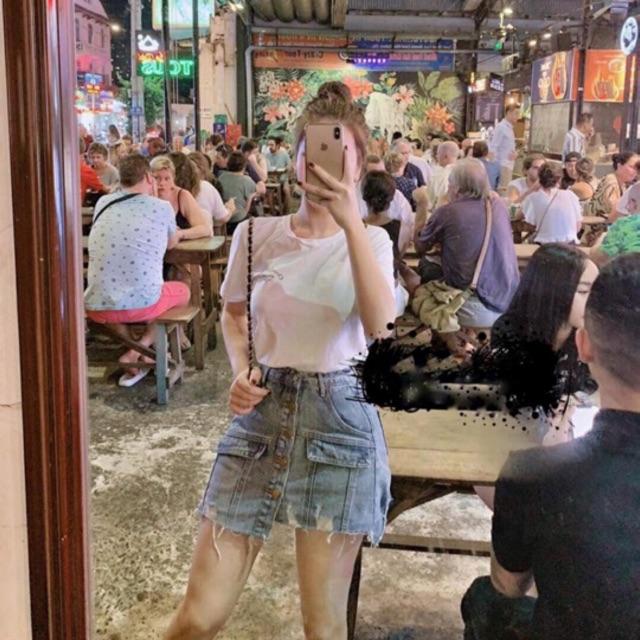 Quần bò giả váy có hàng cúc