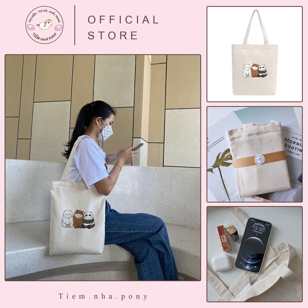 Túi tote vải mộc Tiệm nhà Pony dây kéo in hình We bare bears đeo khẩu trang PM120