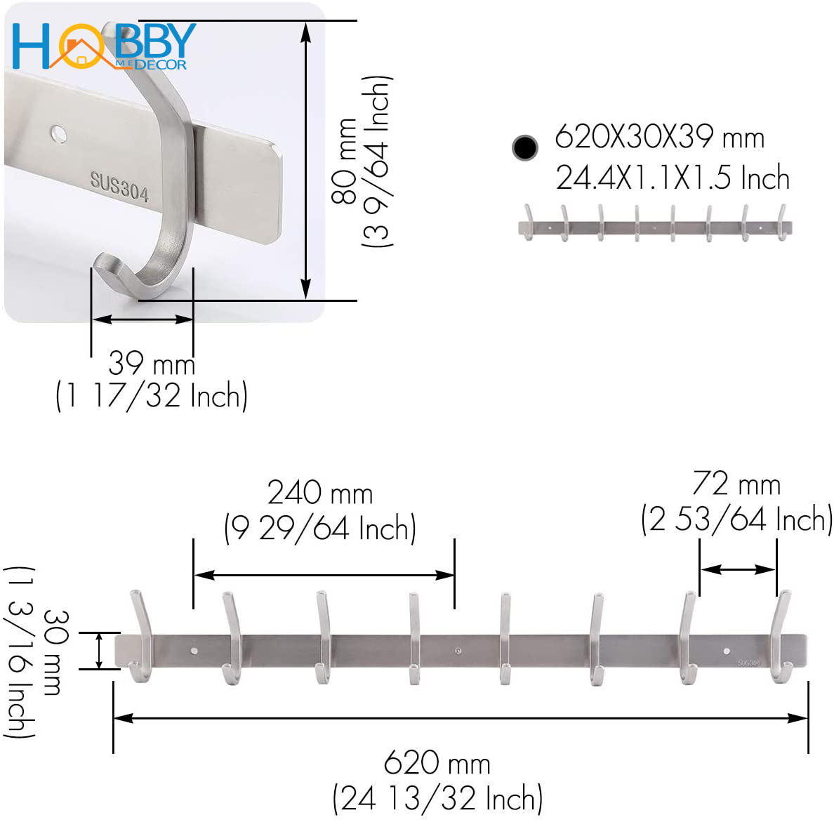 Thanh treo đồ dùng nhà bếp, Móc treo quần áo  8 chấu Inox 304 xước không rỉ sét khoan tường - HOBBY  8TV137