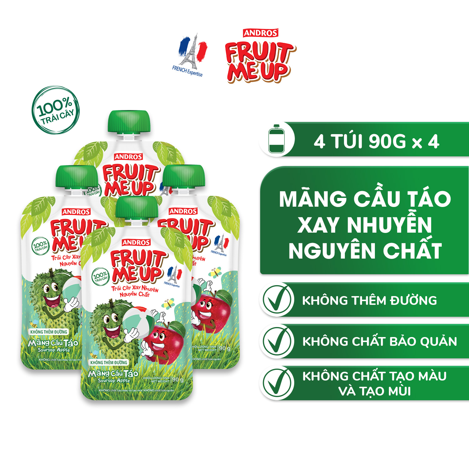 Trái Cây Xay Nhuyễn Nguyên Chất Andros Fruit Me Up  - Mãng Cầu Táo - Hộp 4 Túi (90g x 4)