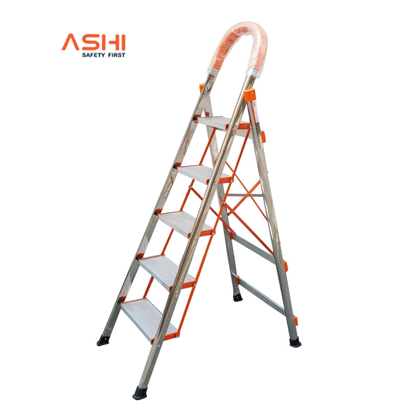 Thang ghế cao cấp thân inox, bậc nhôm to ASHI 5 bậc AG05