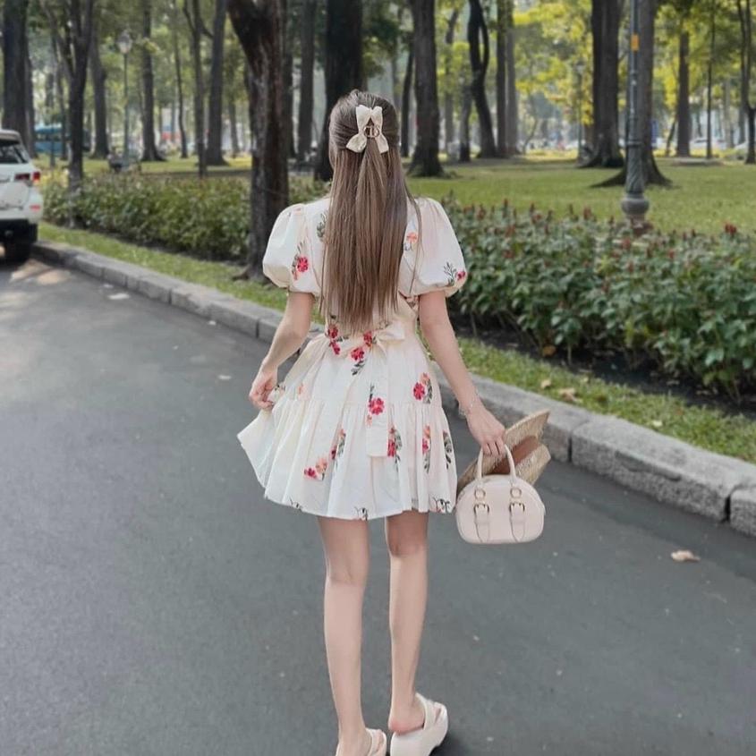 Đầm váy nữ tay phồng cổ chữ V thắt eo chít tầng xòe hàng thiết kế Kgia fashion