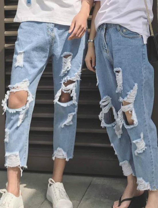 Quần jeans lửng rách gối unisex Mã: ND1590