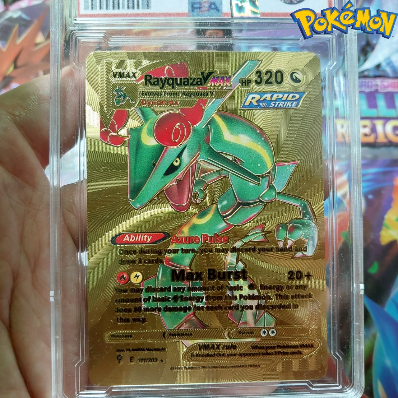 Rayquaza VMAX E11 203 thẻ pokemon nhôm mạ vàng rồng trúc truyền thuyết siêu cấp Tặng kèm bảo vệ thẻ 1459 d24 1-38