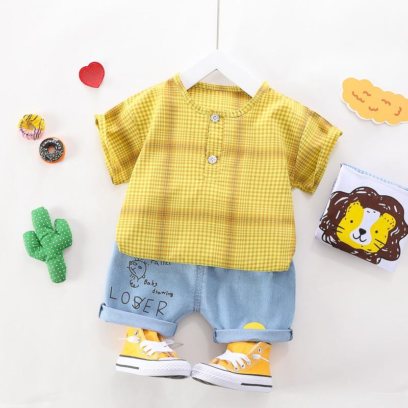 Set áo kẻ in hình sư tử con + quần đùi jean mặt cười hàng cho bé