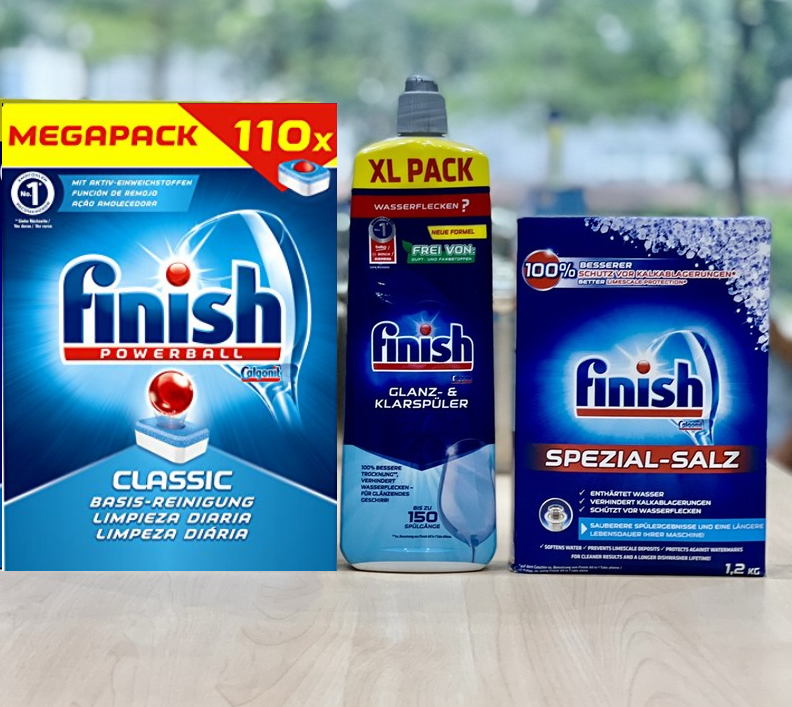 Combo 110 Viên rửa bát Finish+750ml Nước làm bóng+muối finish 1,2kg NK CHÂU ÂU
