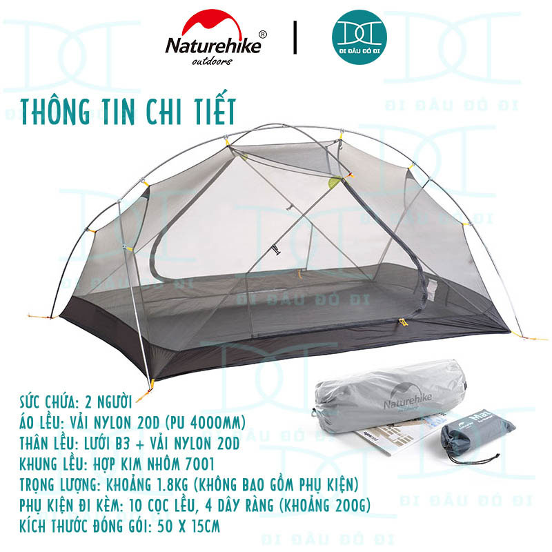 Lều 2 người cao cấp NatureHike Mongar chính hãng, chống nước, chống tia UV, chống gió và dễ dàng lắp đặt NH17T007-M