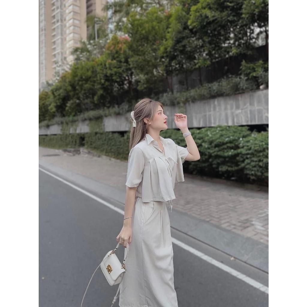SET ÁO CROPTOP TAY NGẮN FROM RỘNG XẾP LY CỘT NƠ MIX CHÂN VÁY DÀI XẺ SAU CỰC HOT CHO CÁC NÀNG SANG CHẢNH