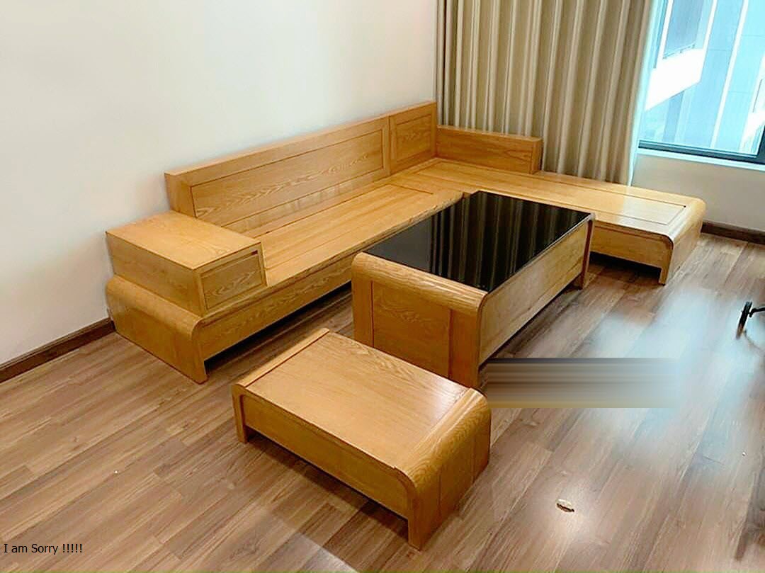 Bộ bàn ghế phòng khách, sofa góc gỗ sồi mẫu chân cuốn