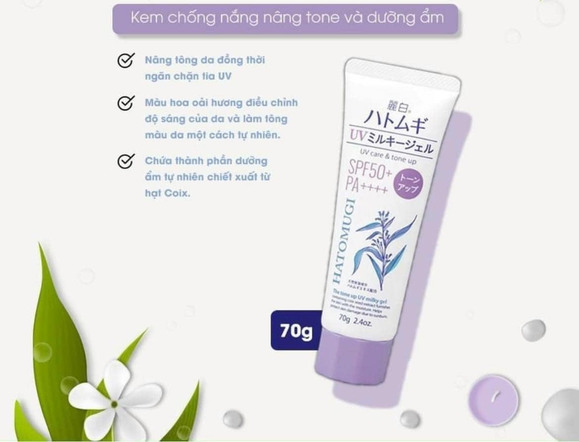 Kem Chống Nắng Nâng Tone Dưỡng Ẩm Và Làm Sáng Da Hatomugi SPF50+ PA++++ 70g